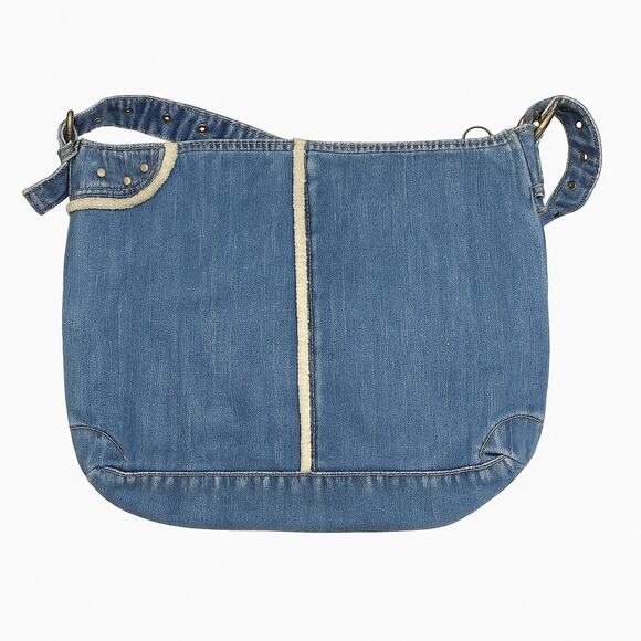 Vintage GAP Denim Shoulder Bag Sherpa Trim Toggle Pockets Y2K 2000s Jean Purse - Picture 2 of 16